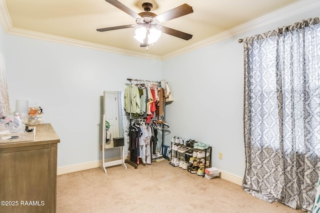 interior space with light carpet and ceiling fan