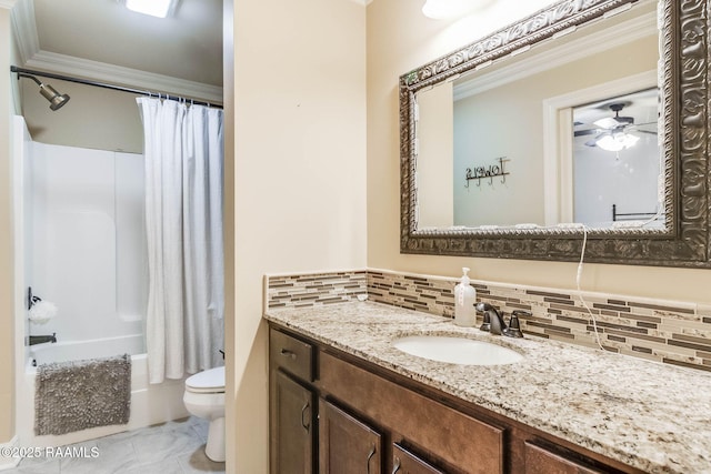 bathroom with toilet, vanity, backsplash, shower / tub combo with curtain, and crown molding