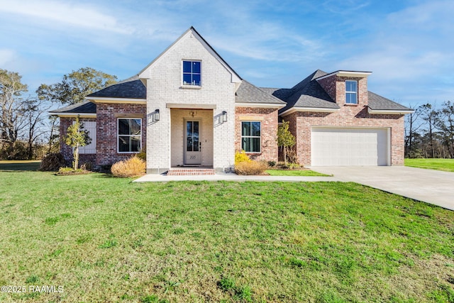 view of front of house with brick siding, concrete driveway, roof with shingles, an attached garage, and a front yard