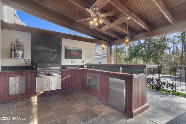 view of patio / terrace featuring ceiling fan, area for grilling, and fence