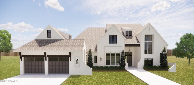 view of front of house featuring a garage, concrete driveway, a front yard, and fence