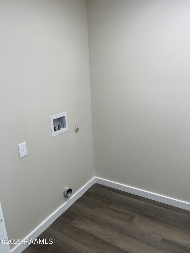 washroom featuring laundry area, dark wood-type flooring, hookup for a washing machine, and baseboards