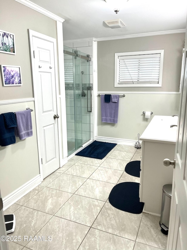 full bath with a stall shower, visible vents, crown molding, and vanity