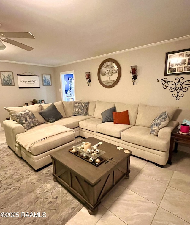 living room featuring ornamental molding and ceiling fan