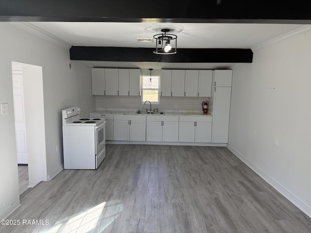 kitchen featuring a sink, ornamental molding, decorative backsplash, beamed ceiling, and white electric range oven