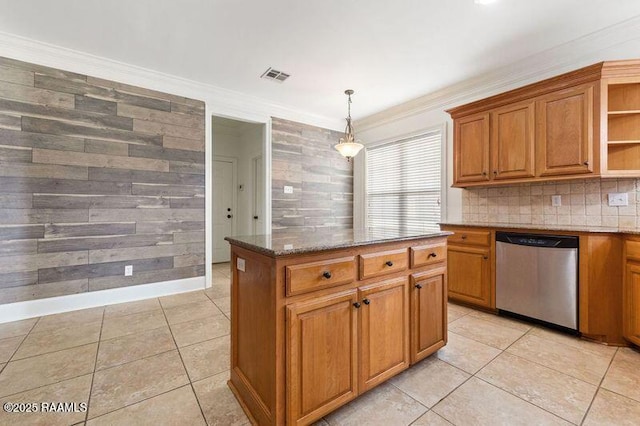 kitchen with open shelves, visible vents, ornamental molding, brown cabinetry, and dishwasher