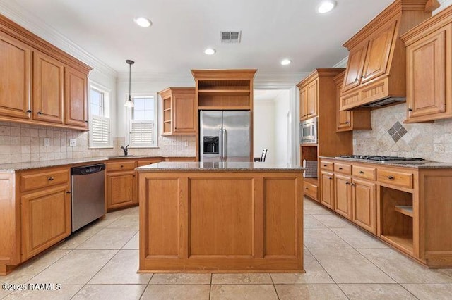 kitchen featuring stainless steel appliances, light tile patterned flooring, visible vents, and open shelves