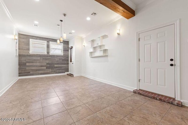 interior space featuring crown molding, baseboards, beamed ceiling, and recessed lighting