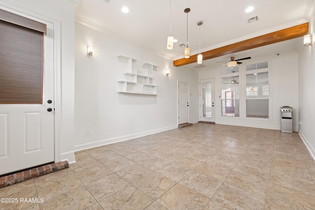 interior space featuring baseboards, visible vents, ceiling fan, ornamental molding, and recessed lighting