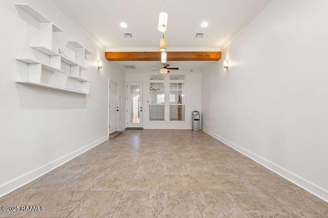 interior space featuring ceiling fan, visible vents, baseboards, and crown molding