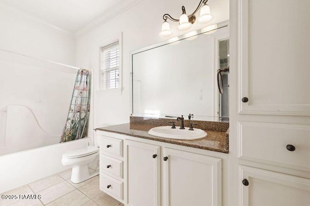 bathroom featuring toilet, vanity, ornamental molding, tile patterned floors, and shower / bathtub combination with curtain