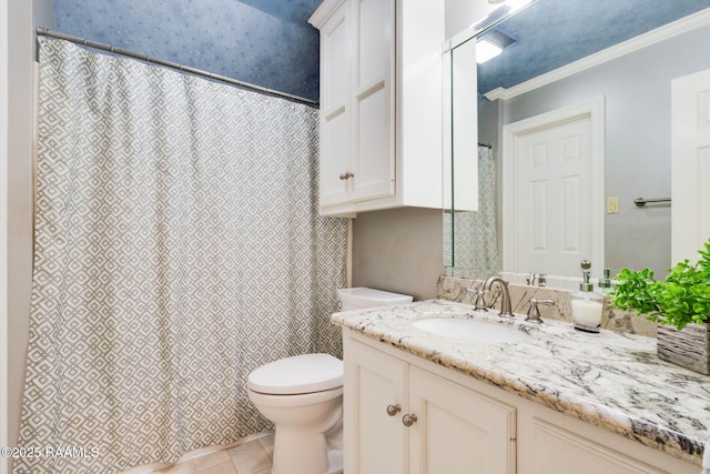 full bathroom featuring vanity, tile patterned flooring, curtained shower, crown molding, and toilet