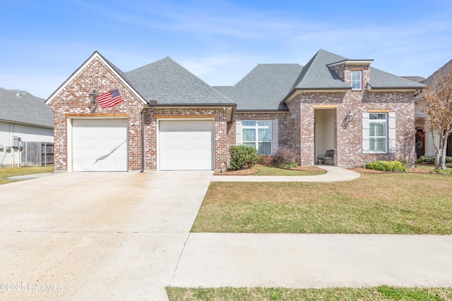 view of front of home with a front yard, brick siding, and roof with shingles