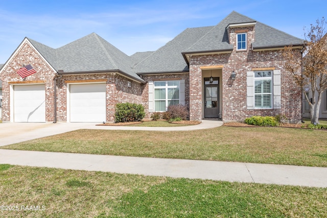 view of front of property with roof with shingles, brick siding, driveway, and an attached garage