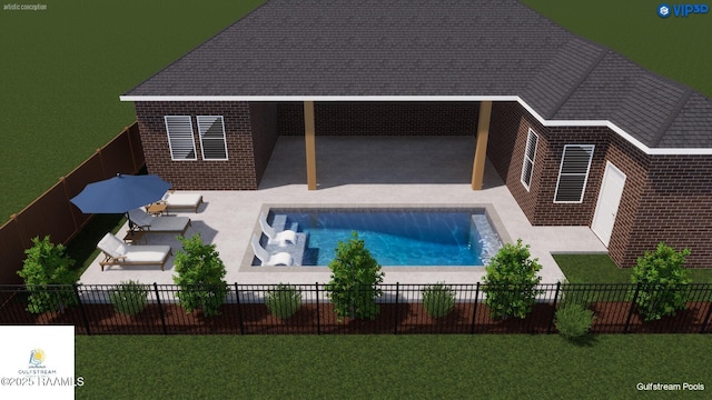 exterior space featuring a fenced in pool, a fenced backyard, a patio area, and a yard