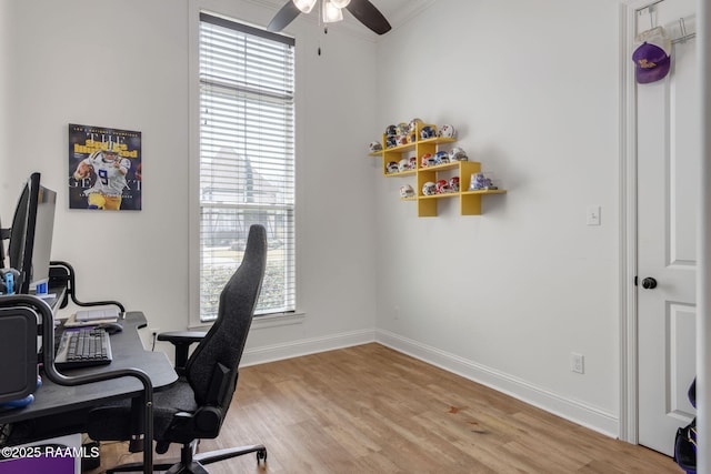 home office with light wood finished floors, a ceiling fan, baseboards, and ornamental molding