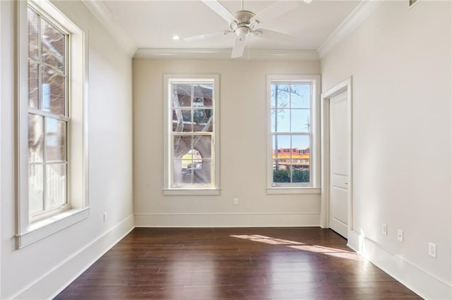 unfurnished room featuring baseboards, a ceiling fan, dark wood-style flooring, crown molding, and recessed lighting