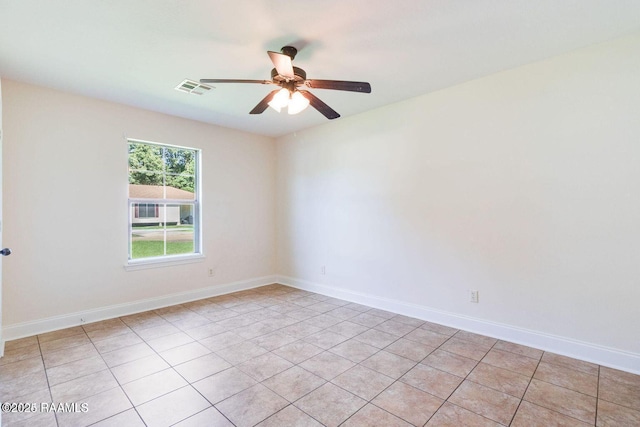 unfurnished room featuring visible vents, ceiling fan, and baseboards