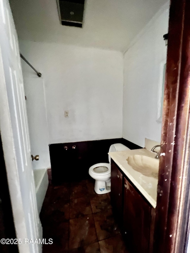 full bathroom with shower / bathing tub combination, vanity, and toilet