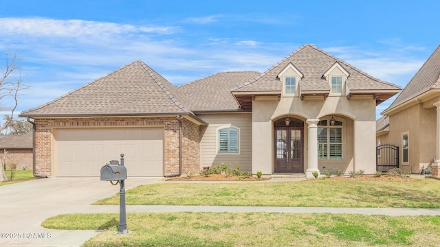 french provincial home with an attached garage, brick siding, concrete driveway, french doors, and a gate