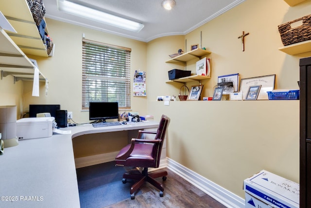 office area with baseboards, ornamental molding, and wood finished floors
