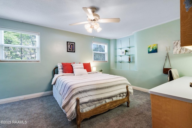 bedroom with baseboards, carpet flooring, and ceiling fan
