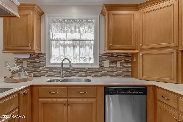 kitchen featuring dishwasher, backsplash, and a sink