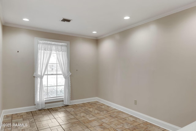 unfurnished room with recessed lighting, visible vents, baseboards, and ornamental molding