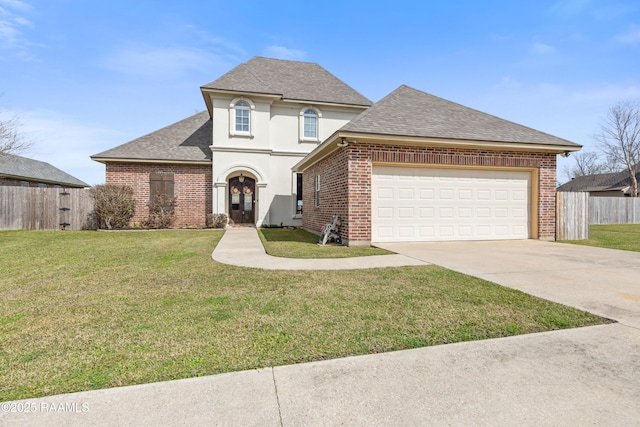 french country home with a garage, brick siding, fence, concrete driveway, and a front yard