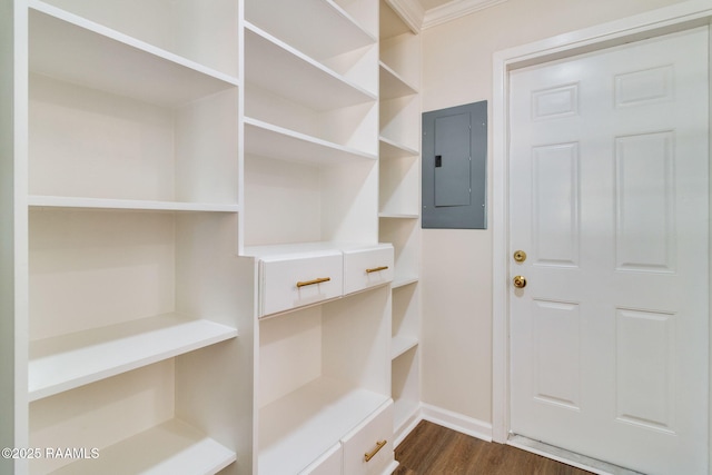 mudroom with electric panel, crown molding, baseboards, and dark wood-style flooring