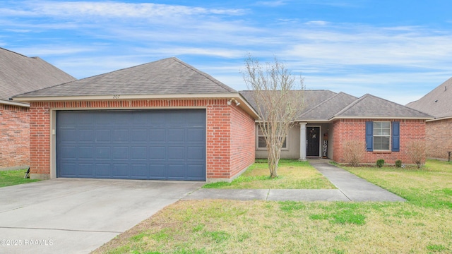 ranch-style house with brick siding, roof with shingles, a garage, driveway, and a front lawn