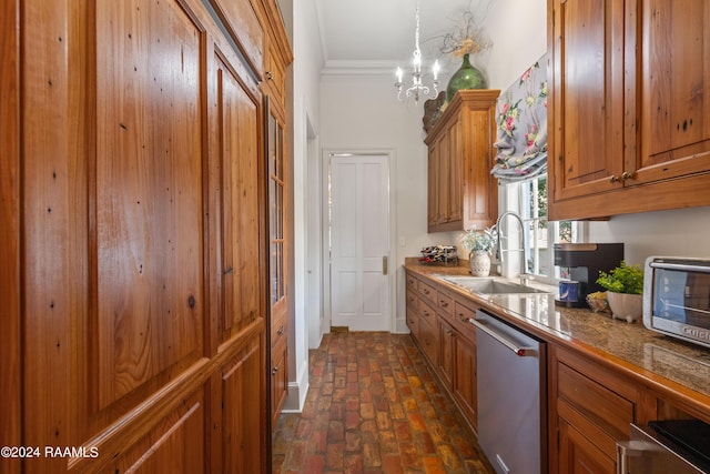 kitchen featuring brown cabinetry, dishwasher, brick floor, crown molding, and a sink