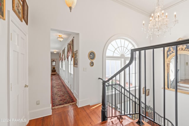 corridor with stairs, a healthy amount of sunlight, wood-type flooring, and crown molding