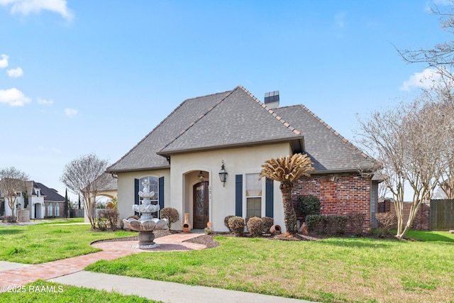 french provincial home featuring brick siding, a chimney, stucco siding, a front yard, and fence