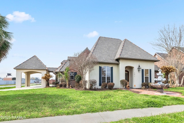 french country style house featuring a front lawn, roof with shingles, and stucco siding