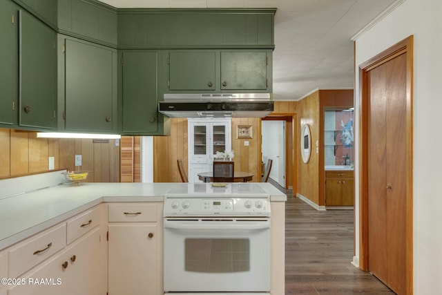 kitchen with crown molding, light countertops, electric range, green cabinets, and under cabinet range hood