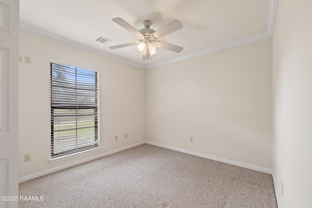 spare room with crown molding, plenty of natural light, carpet, and visible vents
