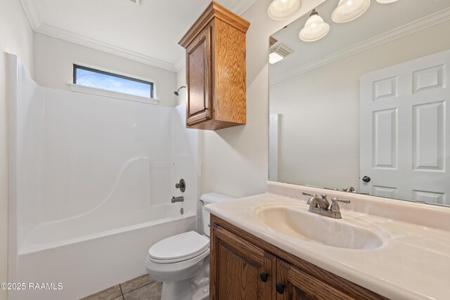 bathroom with visible vents, toilet, crown molding, tub / shower combination, and vanity