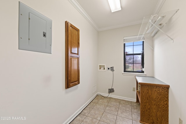 laundry room with hookup for a washing machine, laundry area, electric panel, light tile patterned flooring, and crown molding