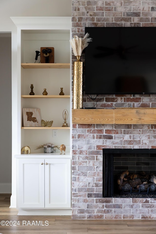 room details with a fireplace and wood finished floors