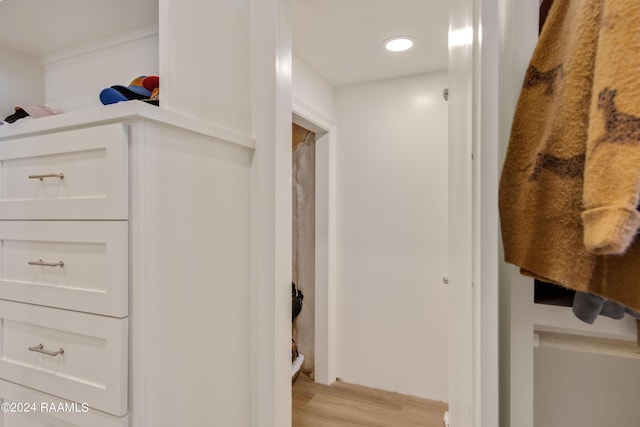 interior space with walk in shower and wood finished floors