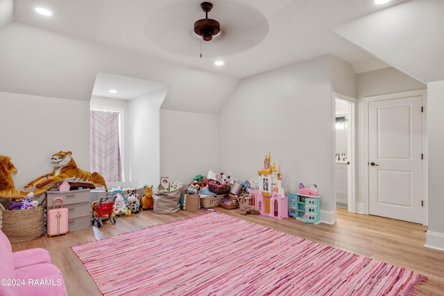 playroom with lofted ceiling, ceiling fan, recessed lighting, and wood finished floors