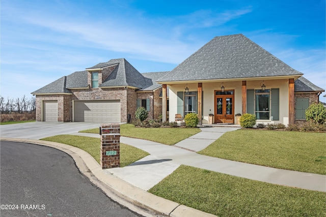 view of front of property featuring french doors, a shingled roof, covered porch, an attached garage, and a front lawn