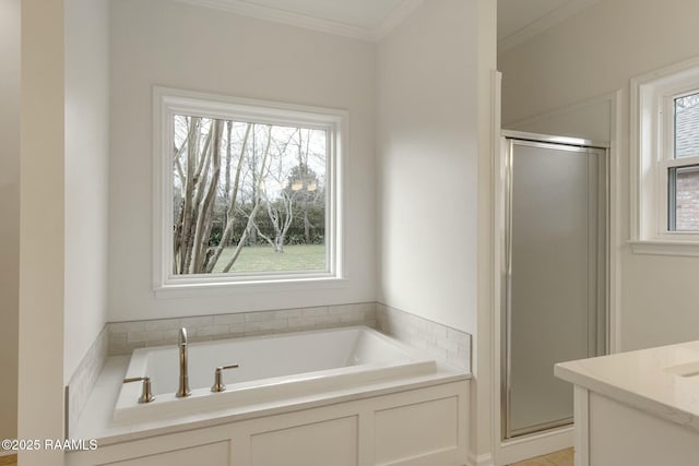 full bathroom featuring vanity, ornamental molding, a shower stall, and a bath