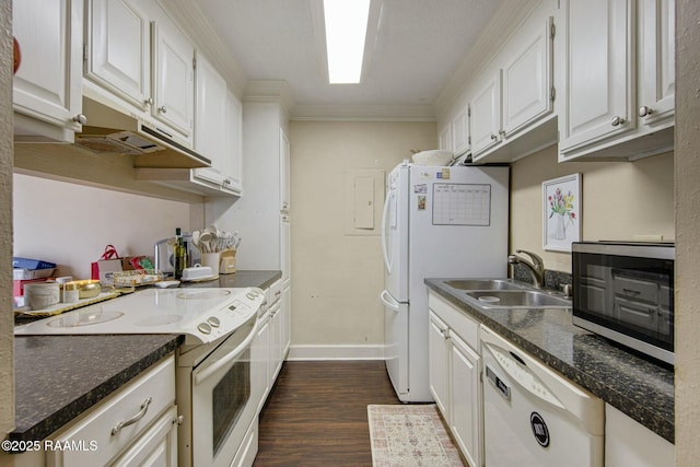 110 W Bayou Pkwy Unit 401, Lafayette, LA 70503 - kitchen featuring white appliances, a sink, dark wood-style floors, white cabinets, and ornamental molding