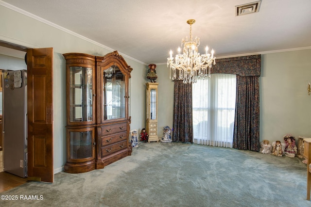 unfurnished dining area featuring a notable chandelier, visible vents, carpet floors, and ornamental molding