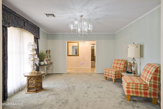 sitting room featuring a notable chandelier, carpet, visible vents, and ornamental molding