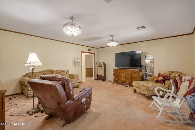 living room with visible vents, light carpet, baseboards, and crown molding