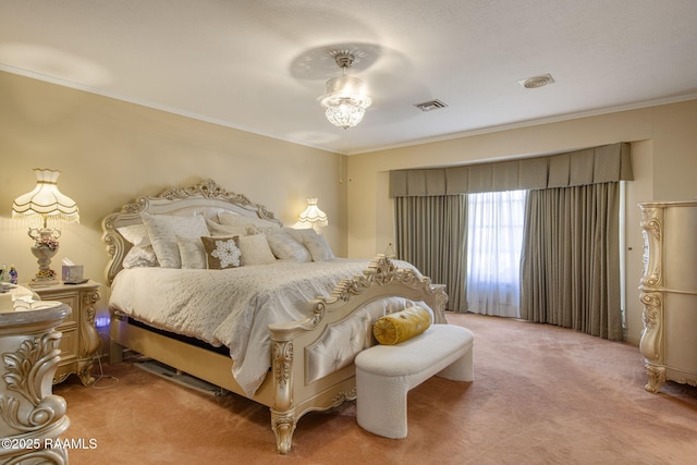 carpeted bedroom with visible vents and ornamental molding