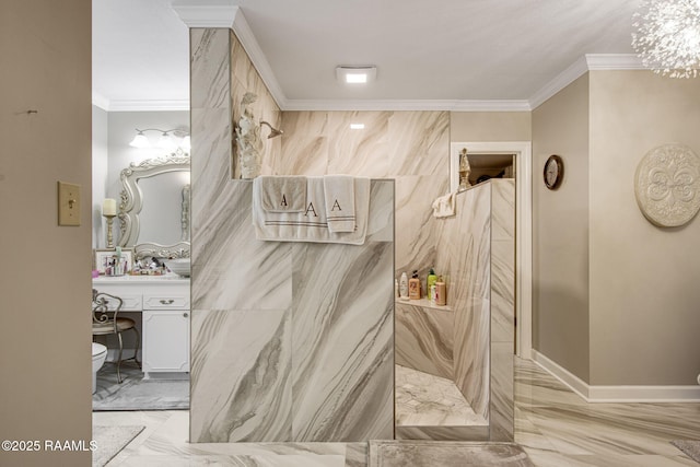 bathroom featuring marble finish floor, a walk in shower, and ornamental molding